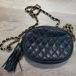 Navy Blue Italian Genuine Leather Quilted Crossbody Bag with Chain Strap